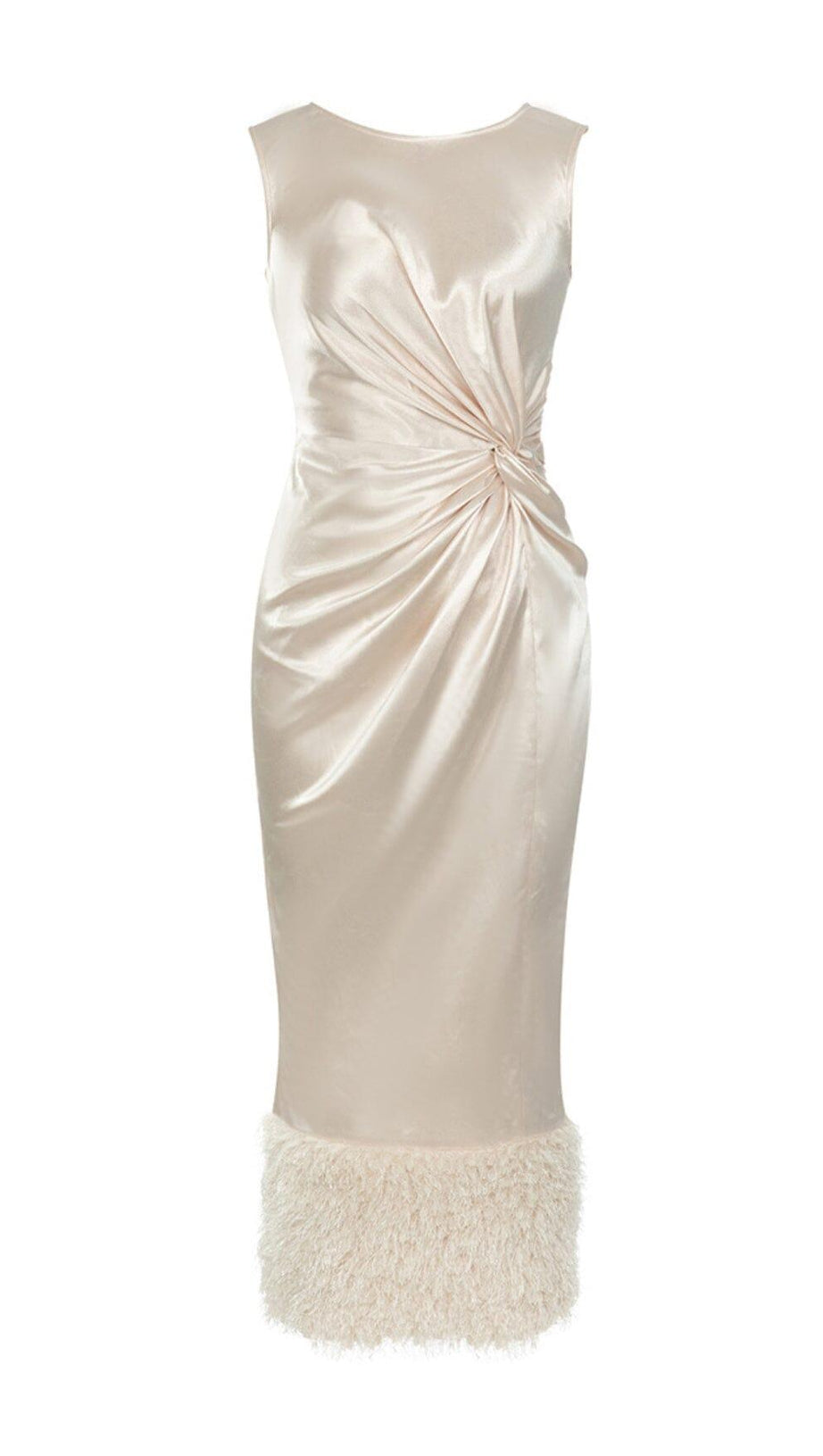 APRICOT SLEEVELESS PLEATED FEATHER HIP DRESS