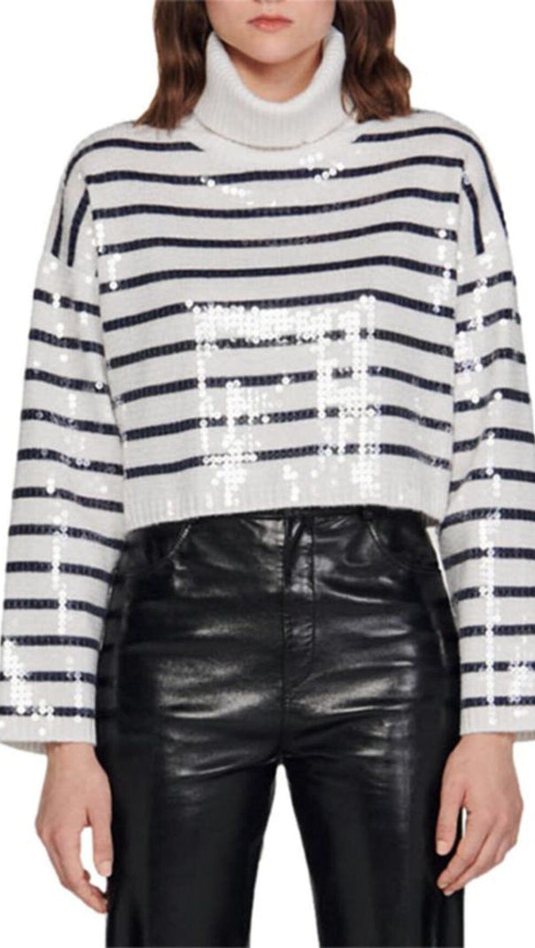Ariel Sequin Striped Turtleneck Sweater