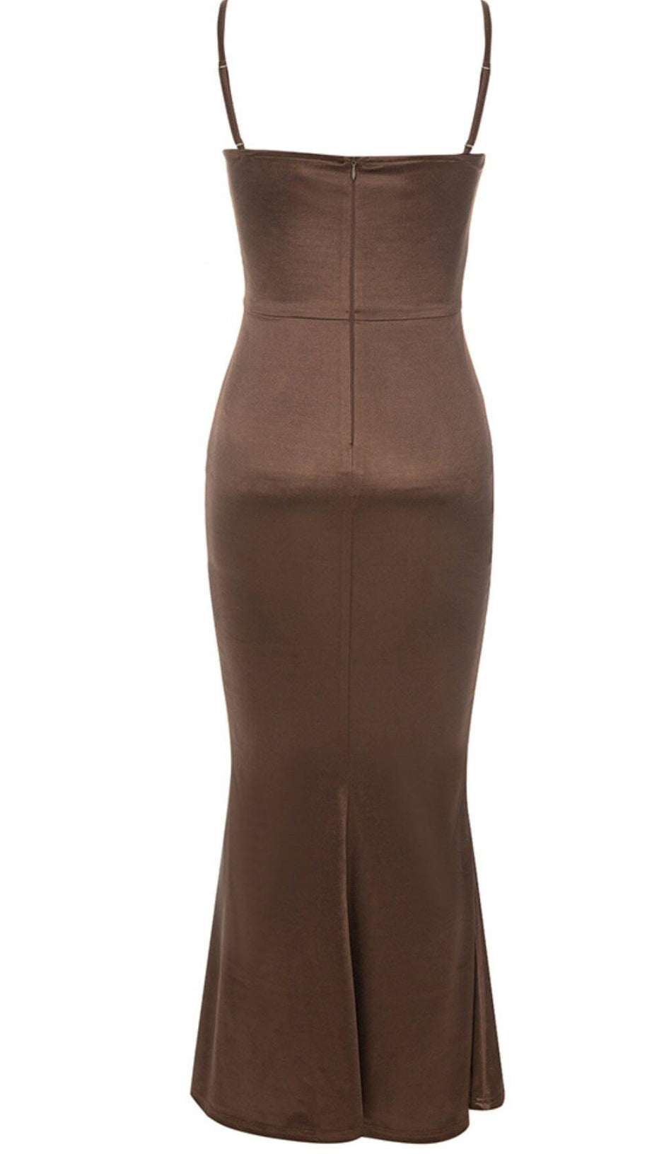 SATIN SPLIT MAXI DRESS IN BROWN