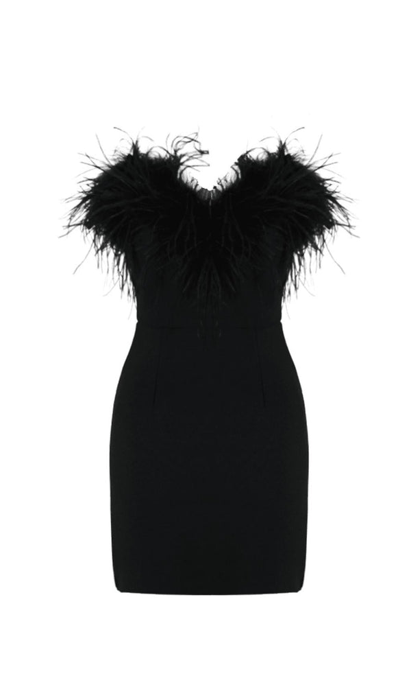 BLACK BANDEAU FEATHER MINI DRESS