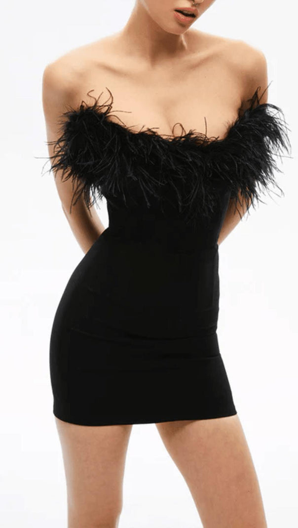 AIIZIE BLACK BANDEAU FEATHER MINI DRESS - product image