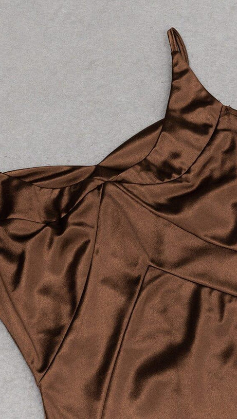 SATIN SPLIT MAXI DRESS IN BROWN