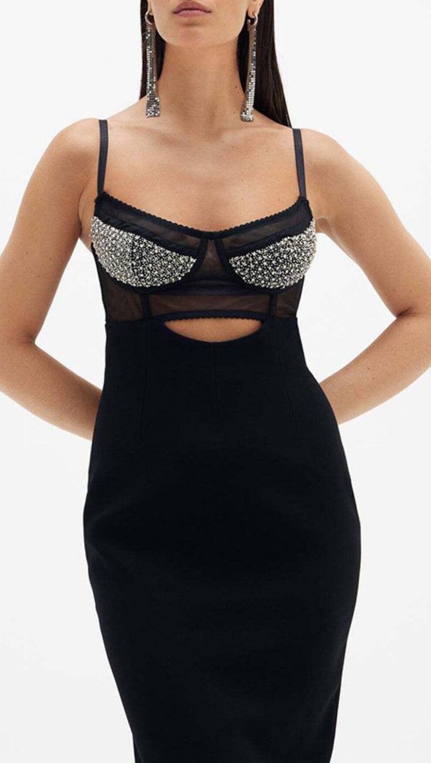 AIIZIE BLACK BEADING BANDAGE MIDI DRESS - product image