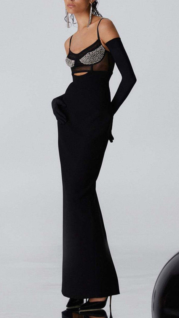 AIIZIE BLACK BEADING BANDAGE MIDI DRESS - product image