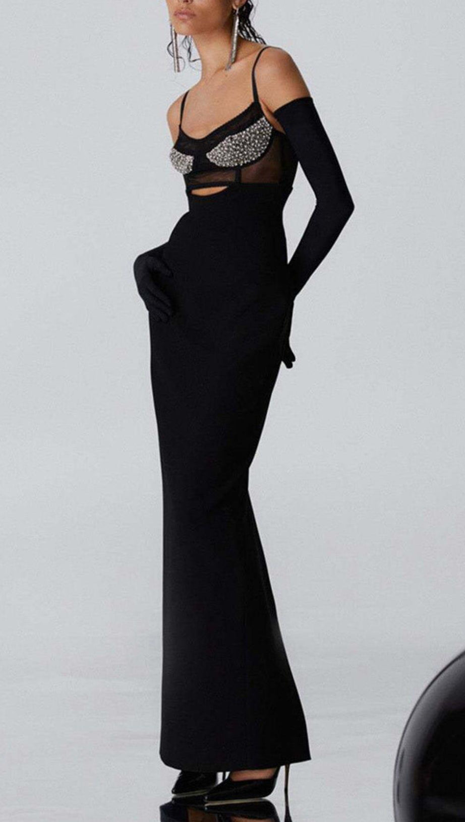 BLACK BEADING BANDAGE MIDI DRESS