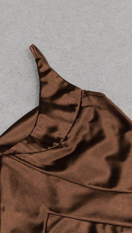 SATIN SPLIT MAXI DRESS IN BROWN
