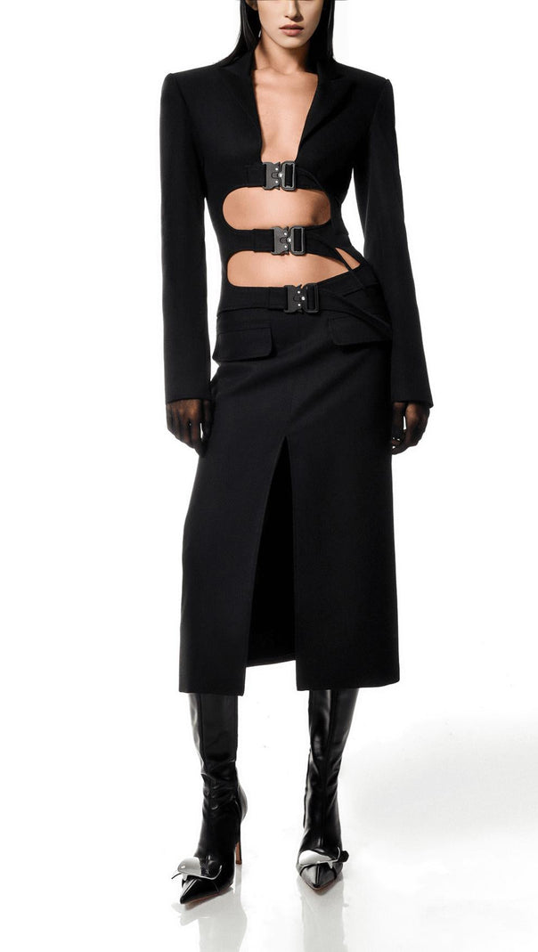 SCHWARZES BUTTON-DOWN-ANZUGKLEID, ZWEITEILIGES SET