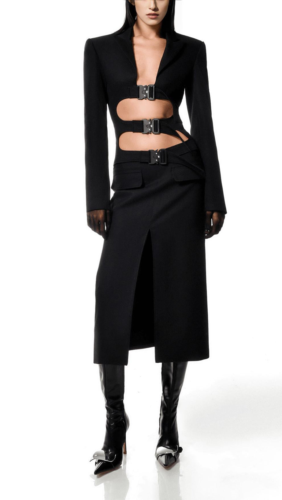 SCHWARZES BUTTON-DOWN-ANZUGKLEID, ZWEITEILIGES SET