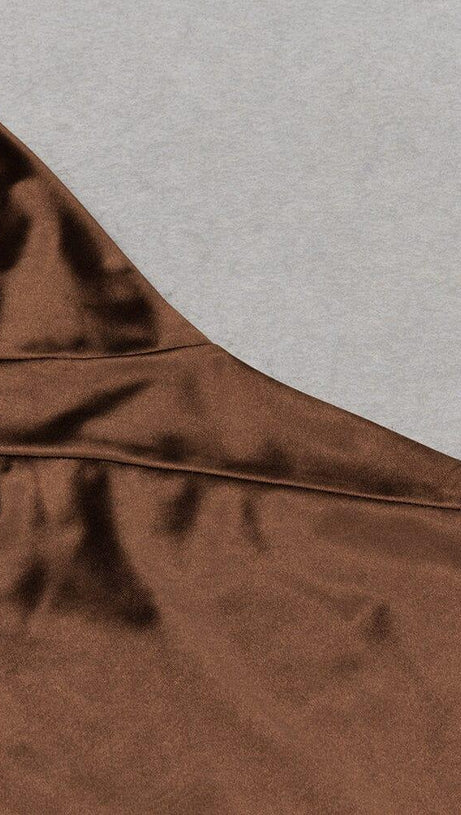 SATIN SPLIT MAXI DRESS IN BROWN