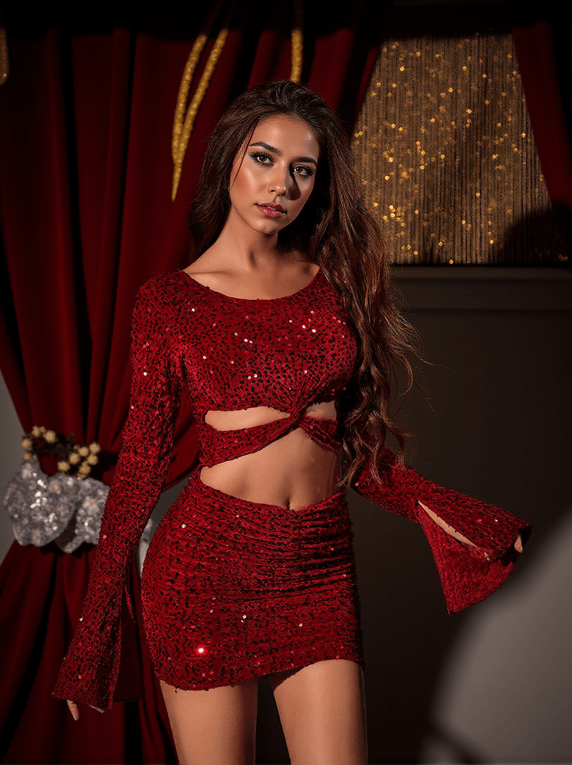 CALEA CUTOUT TWISTED SEQUIN DRESS