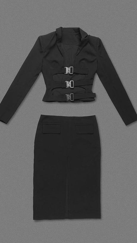 SCHWARZES BUTTON-DOWN-ANZUGKLEID, ZWEITEILIGES SET