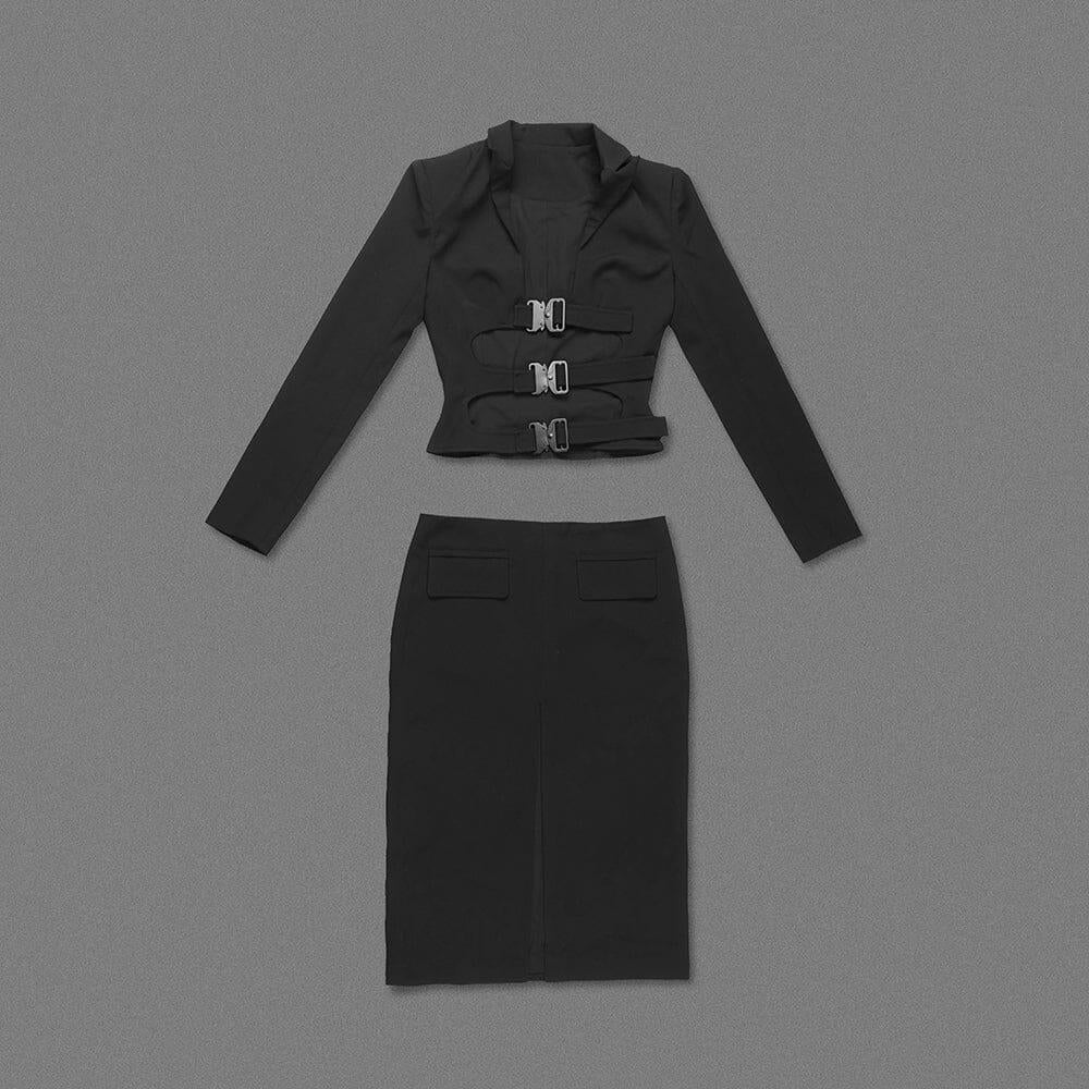 SCHWARZES BUTTON-DOWN-ANZUGKLEID, ZWEITEILIGES SET