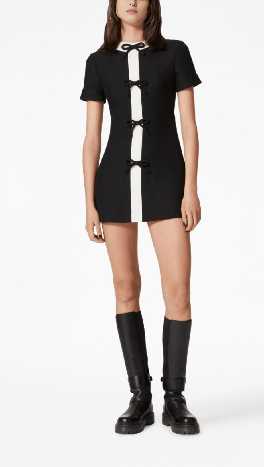 BLACK CREPE COUTURE BOW MINI DRESS