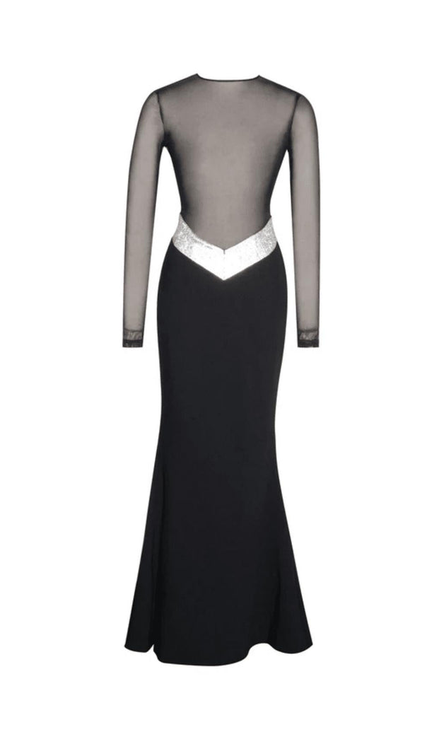 AIIZIE BLACK CRYSTAL WAIST TRIM SHEER MAXI DRESS - product image