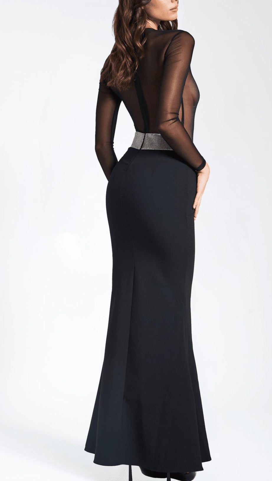 BLACK CRYSTAL WAIST TRIM SHEER MAXI DRESS