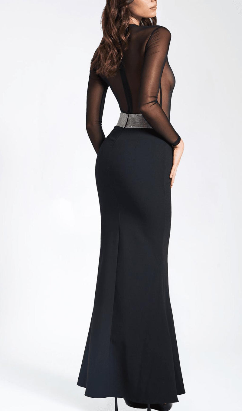 BLACK CRYSTAL WAIST TRIM SHEER MAXI DRESS