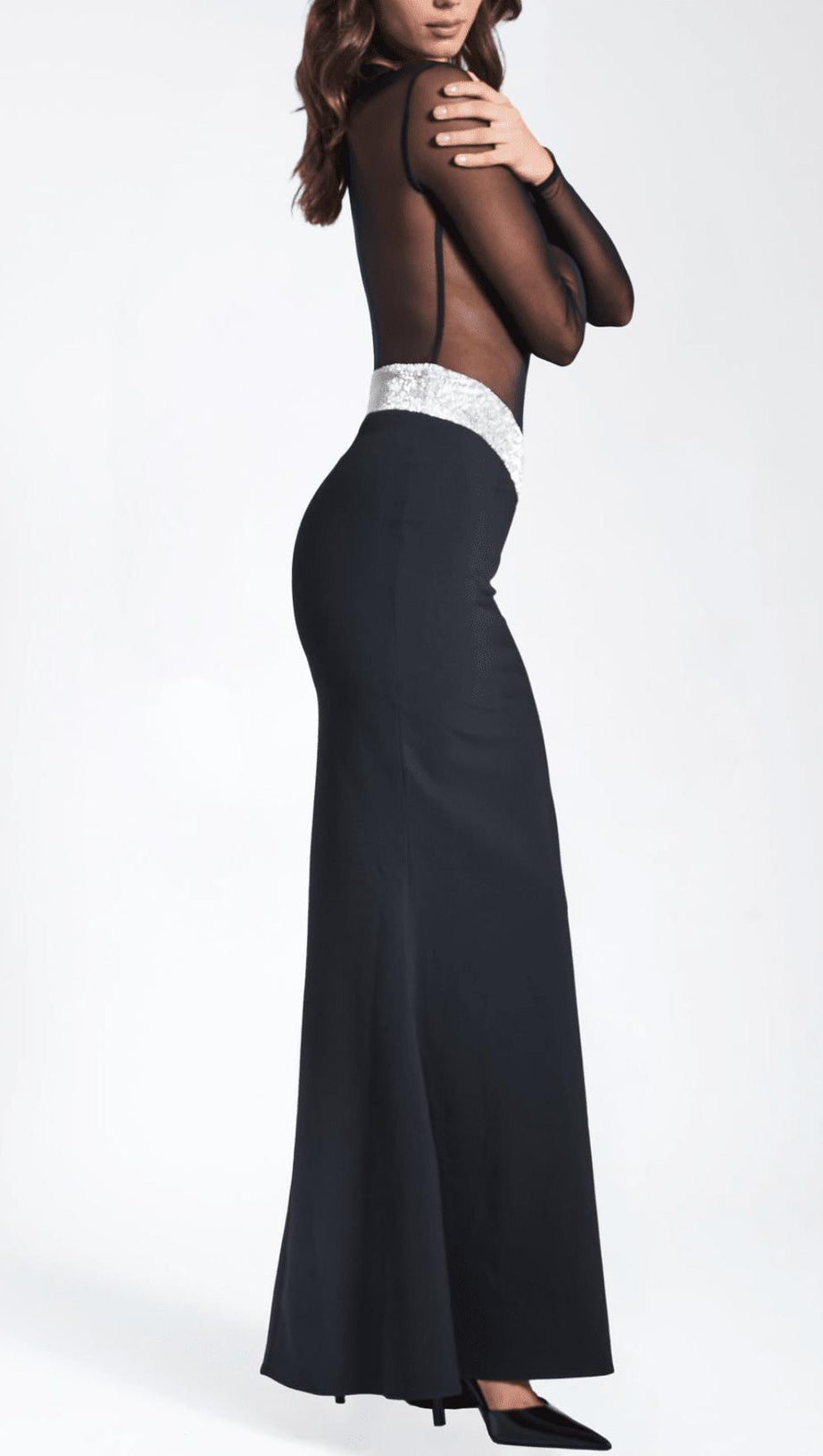 BLACK CRYSTAL WAIST TRIM SHEER MAXI DRESS