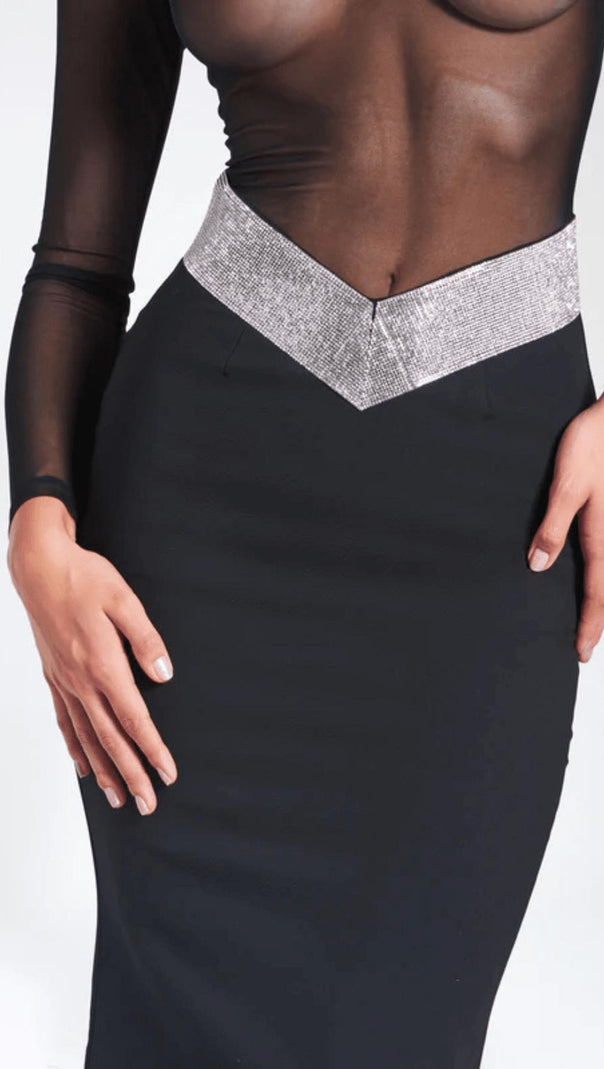 AIIZIE BLACK CRYSTAL WAIST TRIM SHEER MAXI DRESS - product image