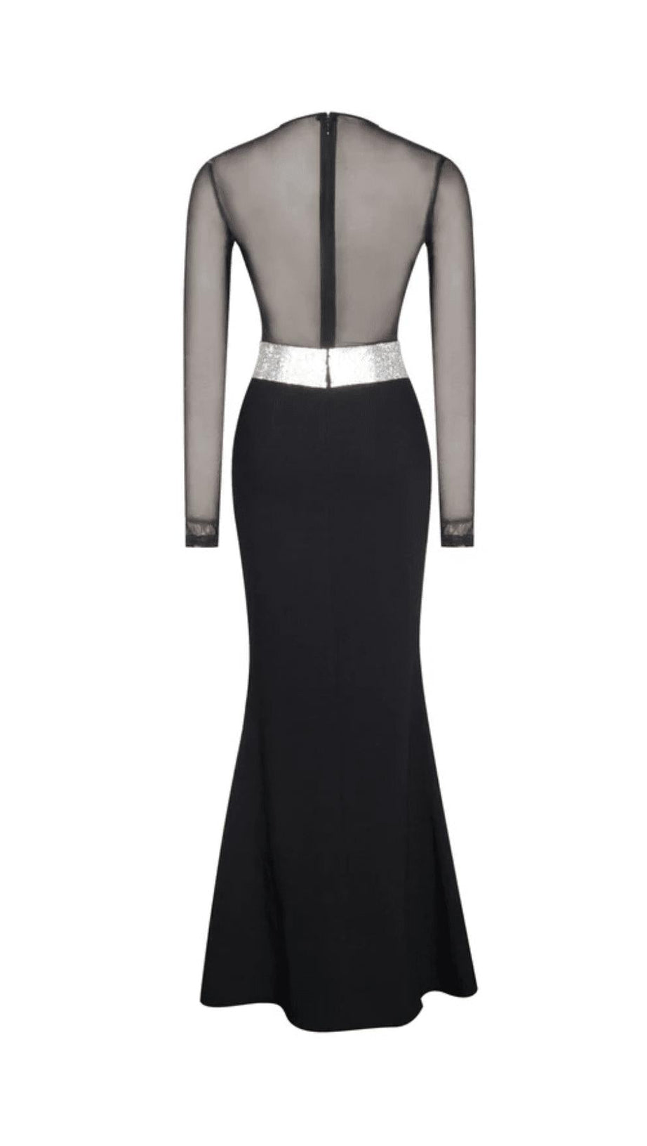 BLACK CRYSTAL WAIST TRIM SHEER MAXI DRESS