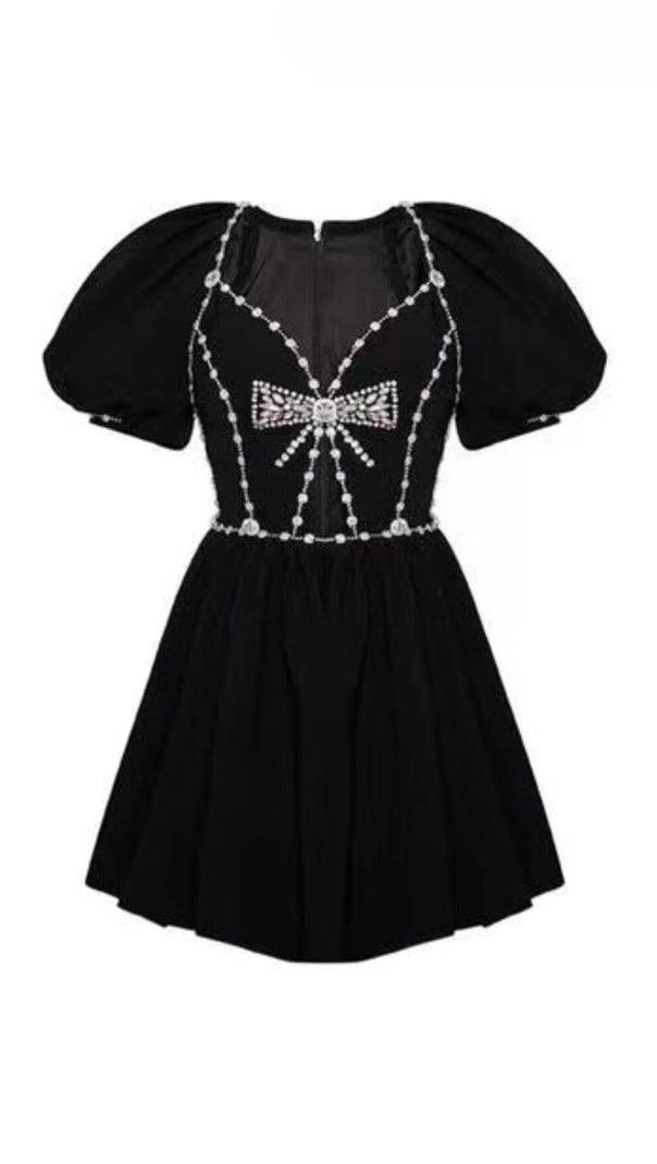 AIIZIE BLACK DIAMOND CHAIN BOW PLEATED PUFFY DRESS - product image