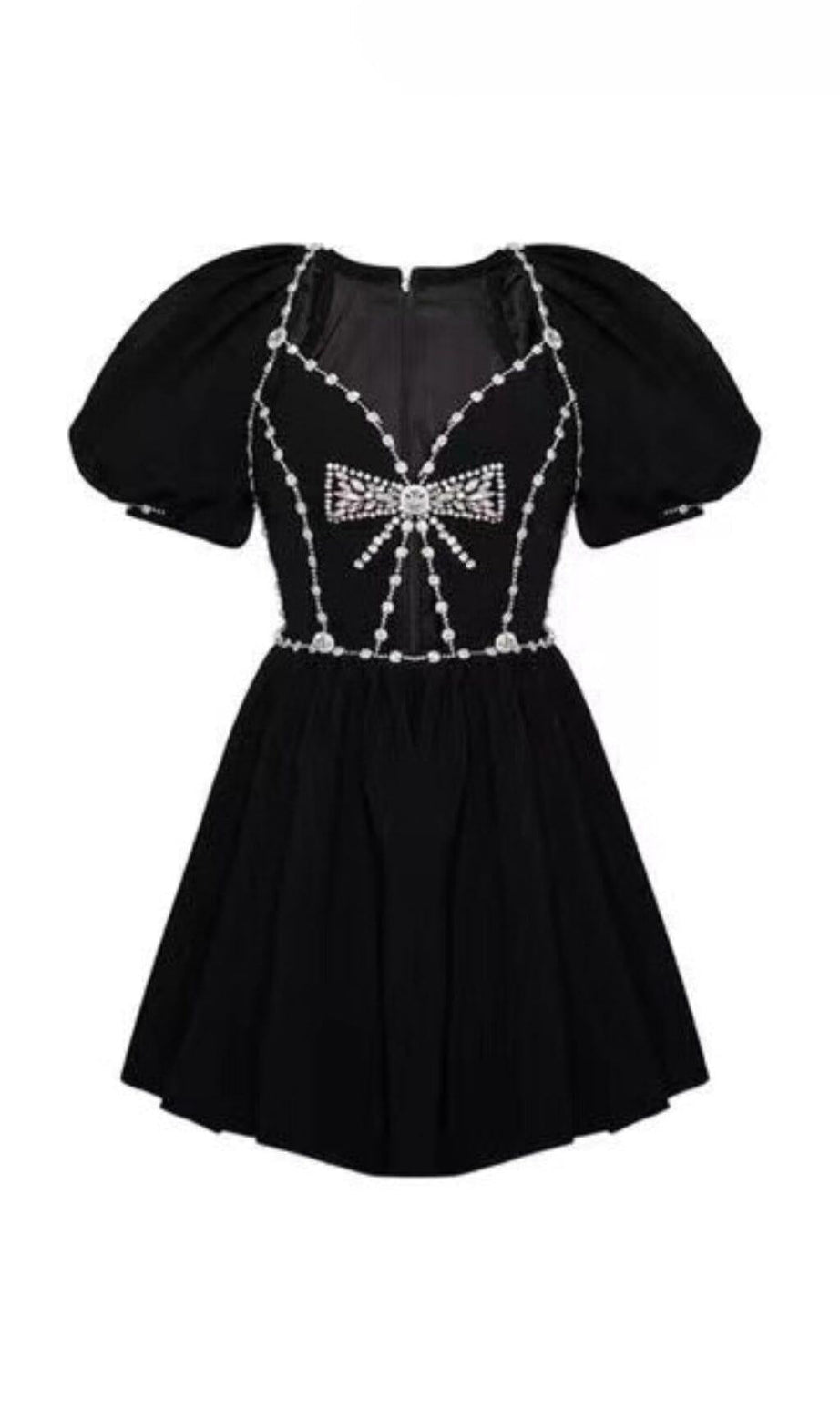 Schwarzes Puffkleid mit Rautenkettenschleife