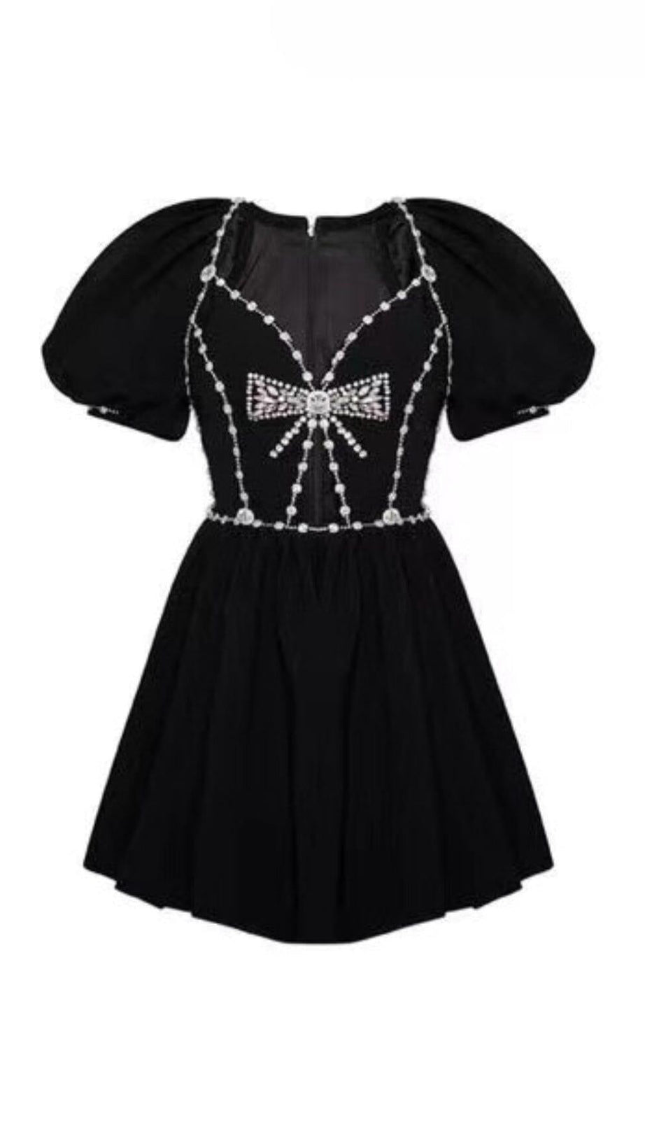 BLACK DIAMOND CHAIN BOW PLEATED PUFFY DRESS