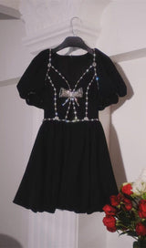 Black Diamond Chain Bow Pleated Puffy Dress