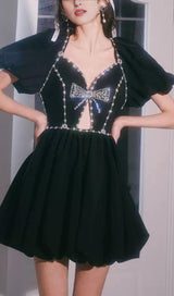 Black Diamond Chain Bow Pleated Puffy Dress