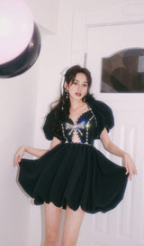 Black Diamond Chain Bow Pleated Puffy Dress