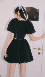 Black Diamond Chain Bow Pleated Puffy Dress