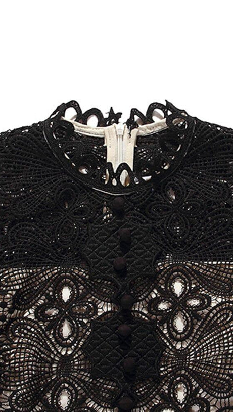 ROUND NECK LONG SLEEVE A LINE EMBROIDERY HOLLOW OUT MINI DRESS