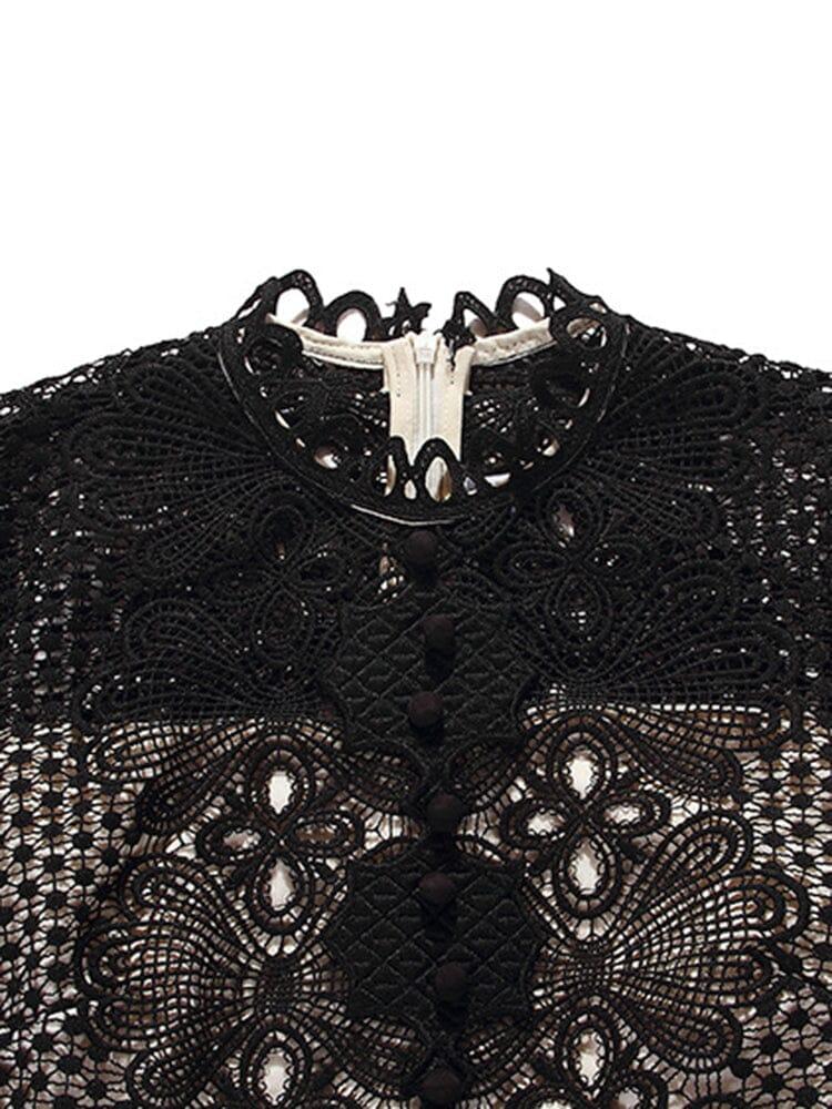 AIIZIE ROUND NECK LONG SLEEVE A LINE EMBROIDERY HOLLOW OUT MINI DRESS - product image