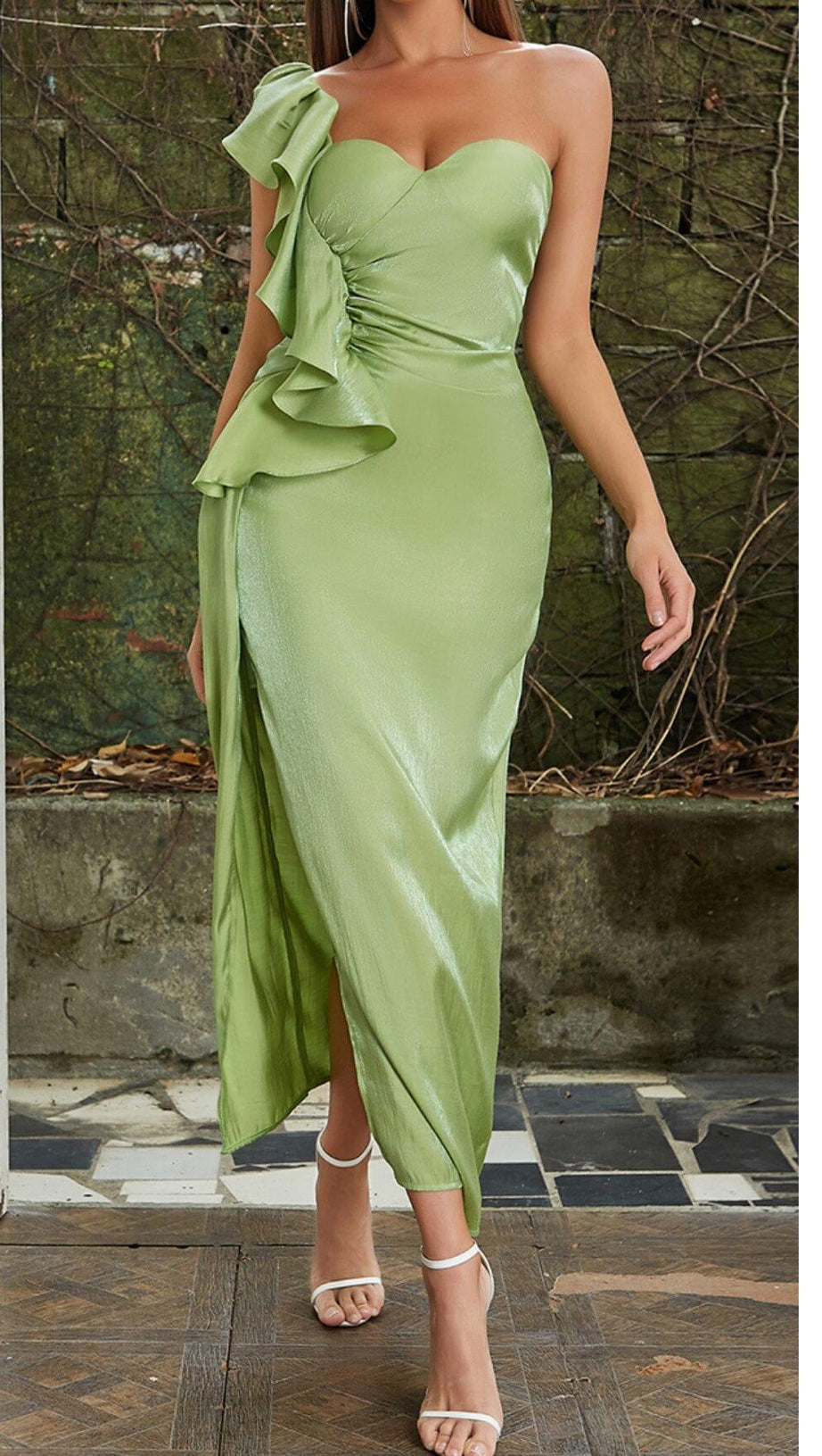 SATIN FOREST CORSET MAXI DRESS IN GREEN