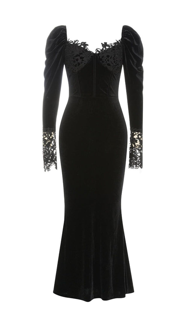AIIZIE BLACK ELEGANT V-NECK LACE STITCHING FISHTAIL DRESS - product image