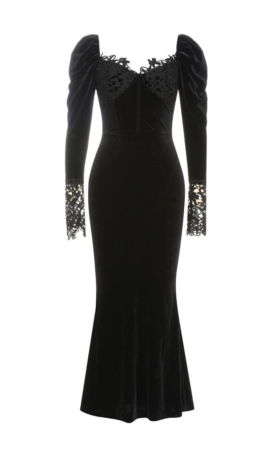 SCHWARZES ELEGANTES V-AUSSCHNITT-KLEID MIT SPITZENNÄHTEN UND FISCHSCHWANZ