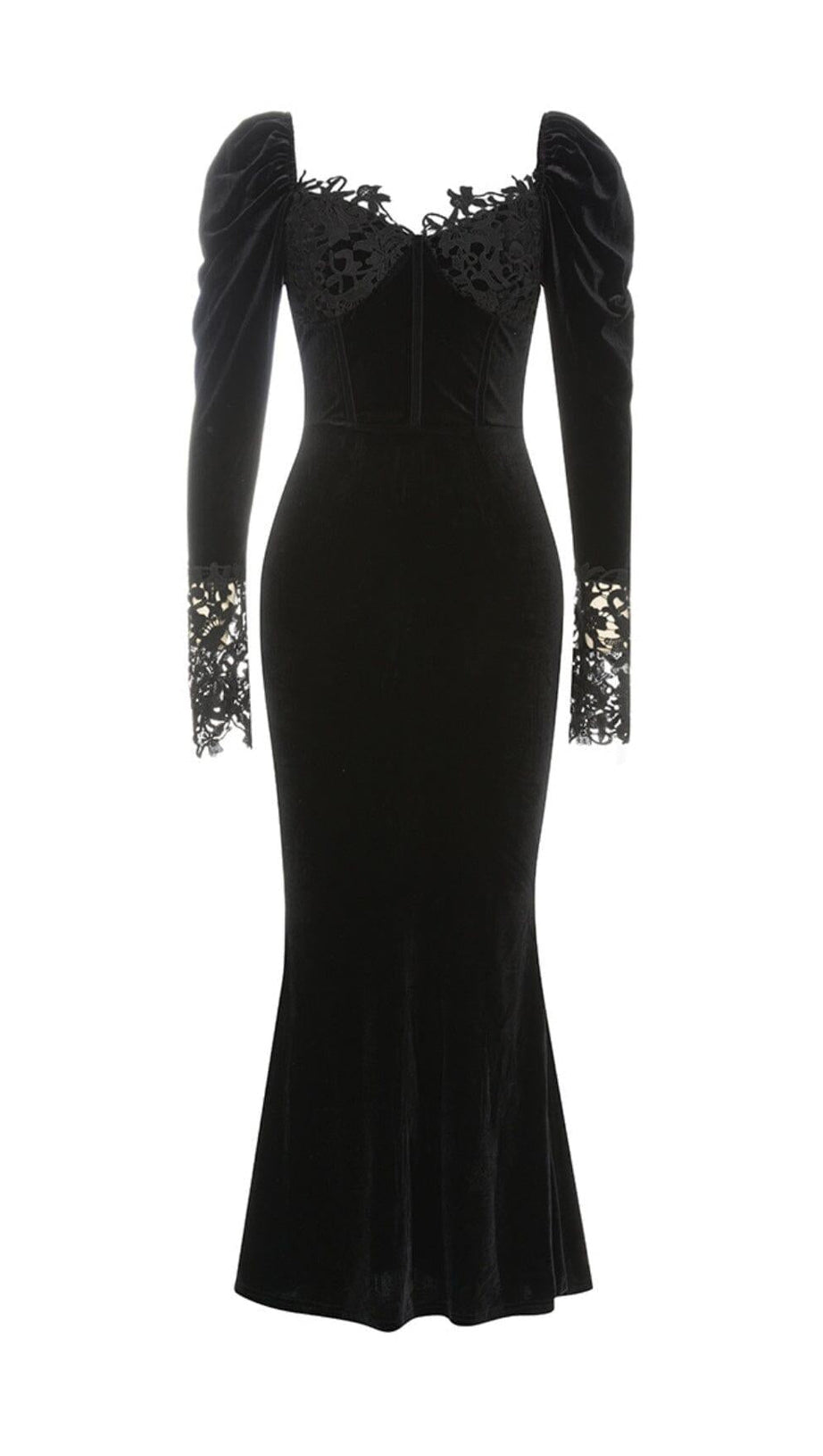 SCHWARZES ELEGANTES V-AUSSCHNITT-KLEID MIT SPITZENNÄHTEN UND FISCHSCHWANZ