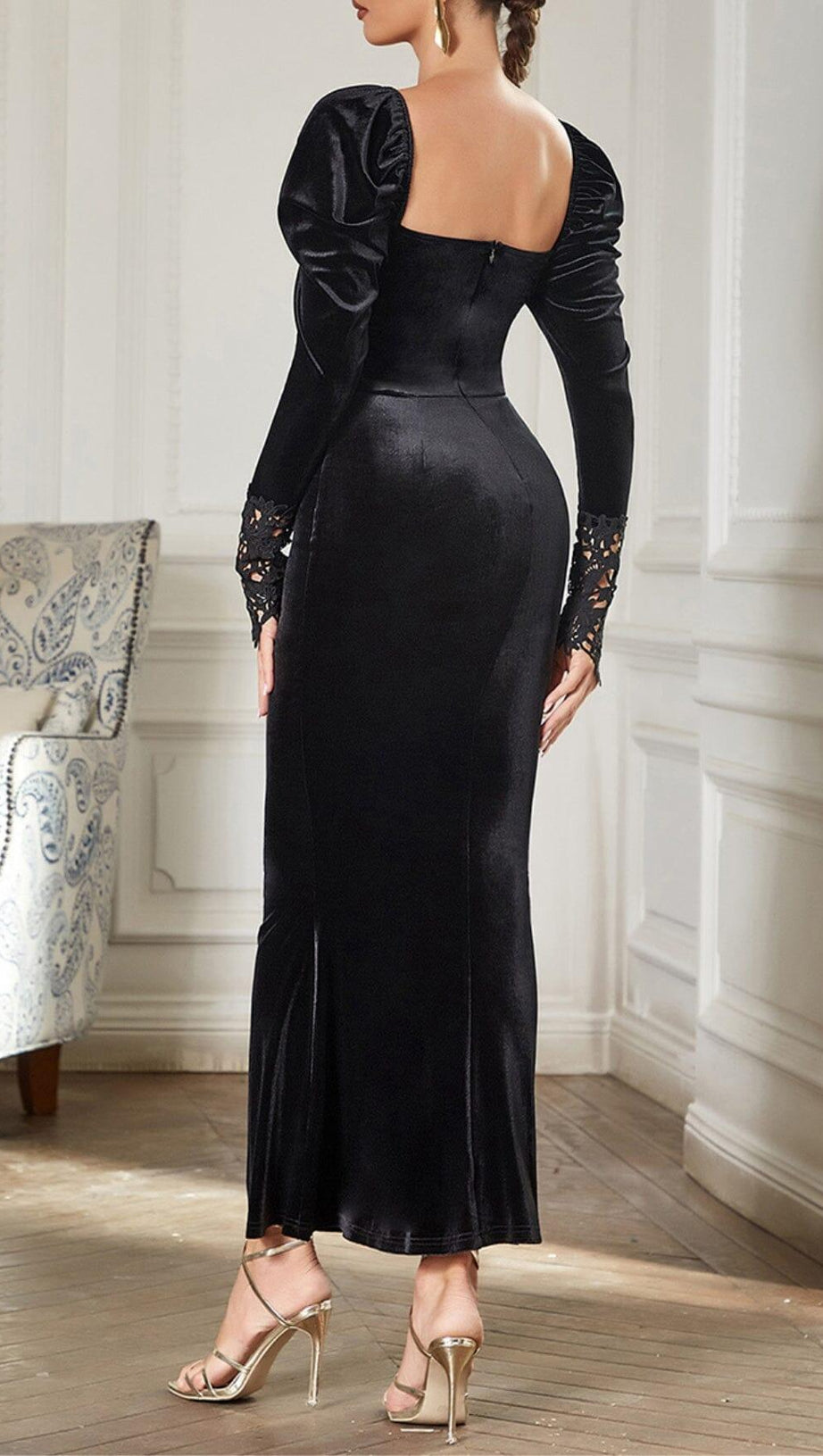 BLACK ELEGANT V-NECK LACE STITCHING FISHTAIL DRESS