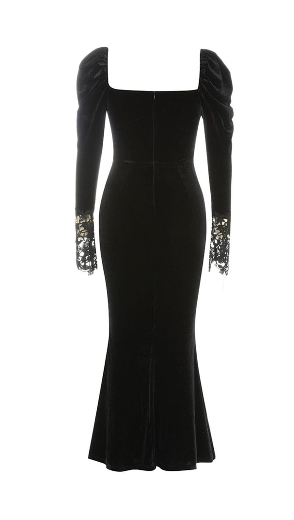 AIIZIE BLACK ELEGANT V-NECK LACE STITCHING FISHTAIL DRESS - product image