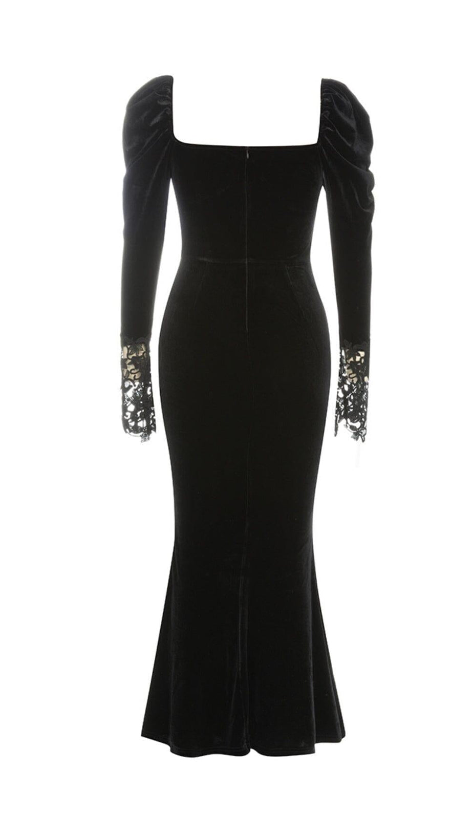 BLACK ELEGANT V-NECK LACE STITCHING FISHTAIL DRESS