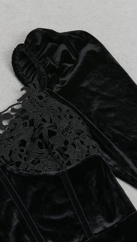 BLACK ELEGANT V-NECK LACE STITCHING FISHTAIL DRESS