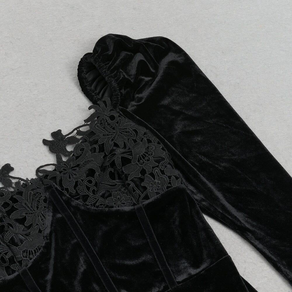 AIIZIE BLACK ELEGANT V-NECK LACE STITCHING FISHTAIL DRESS - product image