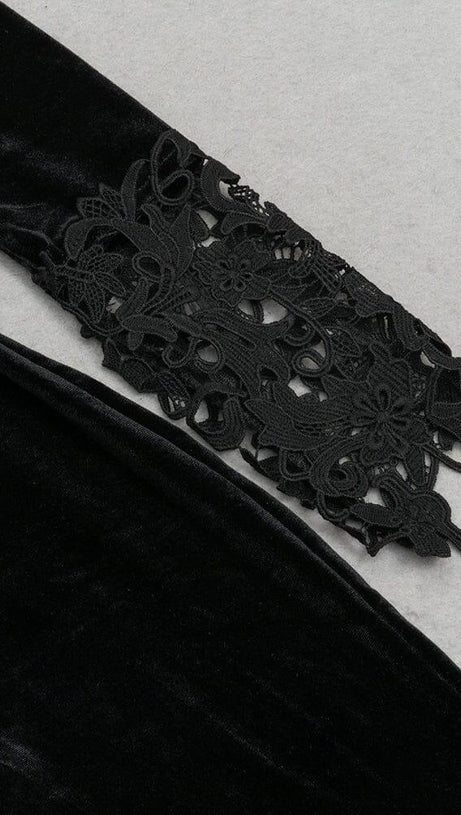 BLACK ELEGANT V-NECK LACE STITCHING FISHTAIL DRESS