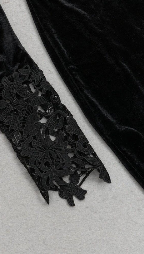 BLACK ELEGANT V-NECK LACE STITCHING FISHTAIL DRESS