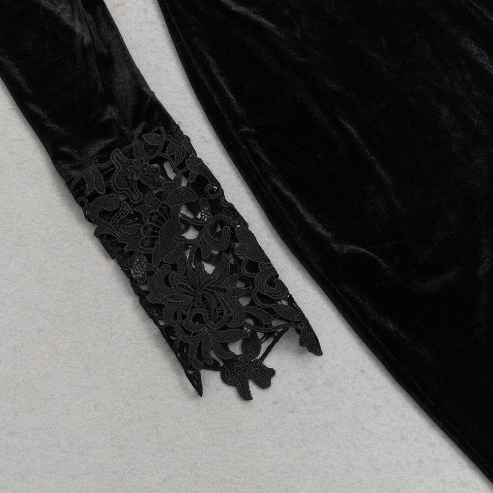 AIIZIE BLACK ELEGANT V-NECK LACE STITCHING FISHTAIL DRESS - product image
