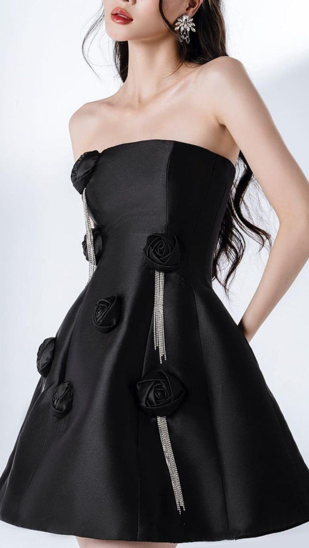 AIIZIE BLACK FLORAL FRINGED MINI DRESS - product image