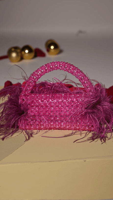 CINTA RHINESTONE FEATHER FRINGE CLUTCH IN PURPLE
