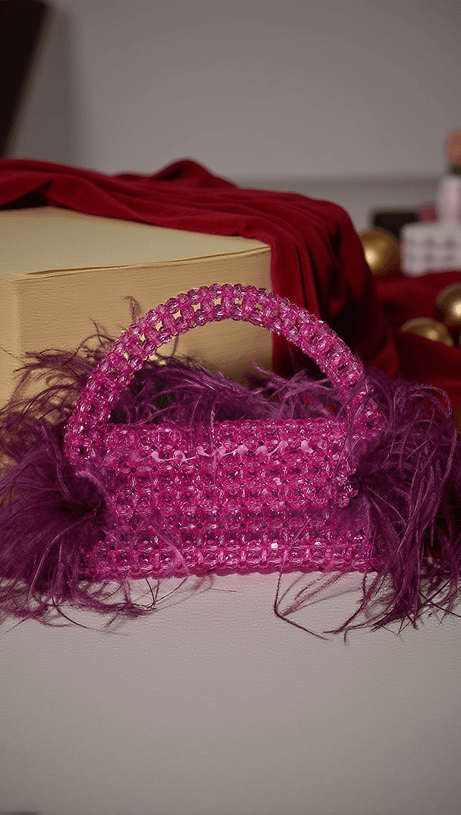 CINTA RHINESTONE FEATHER FRINGE CLUTCH IN PURPLE