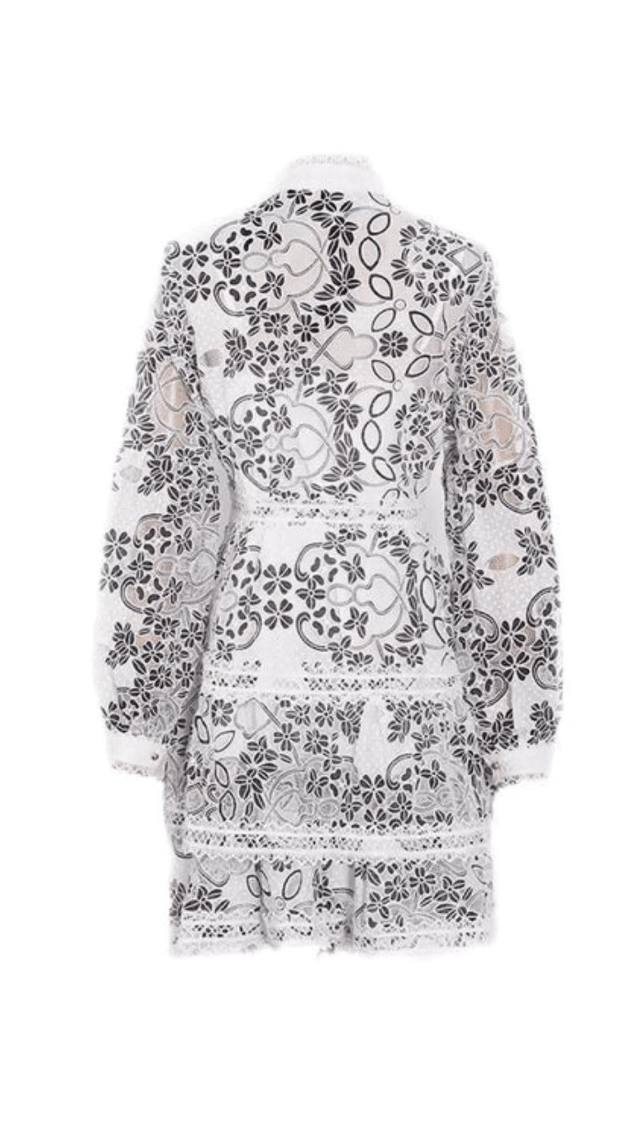 SCHWARZES MINIKLEID MIT SPITZENRÜSCHEN UND BLUMENPRINT