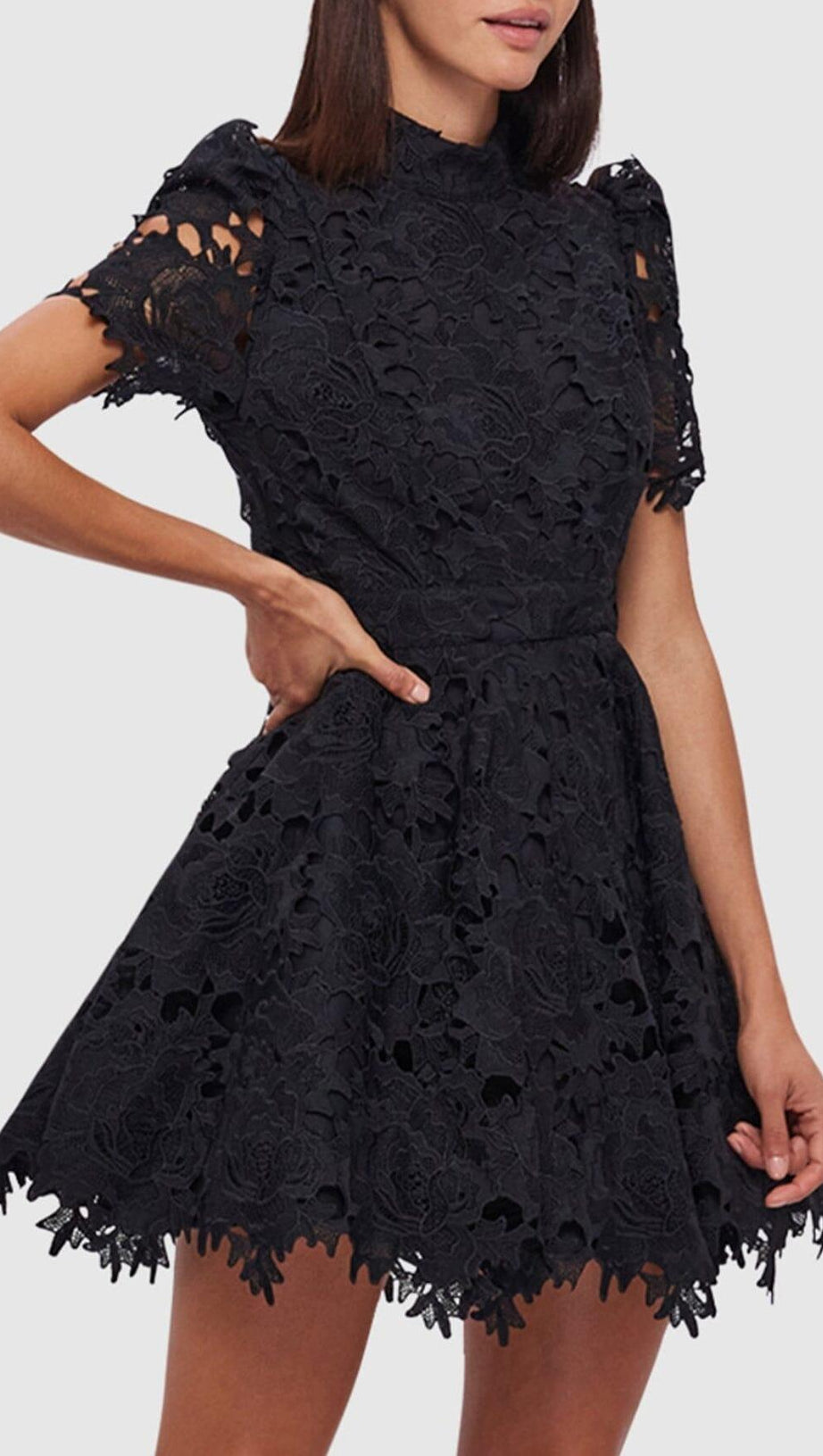 BLACK LACE SHORT SLEEVE MINI DRESS