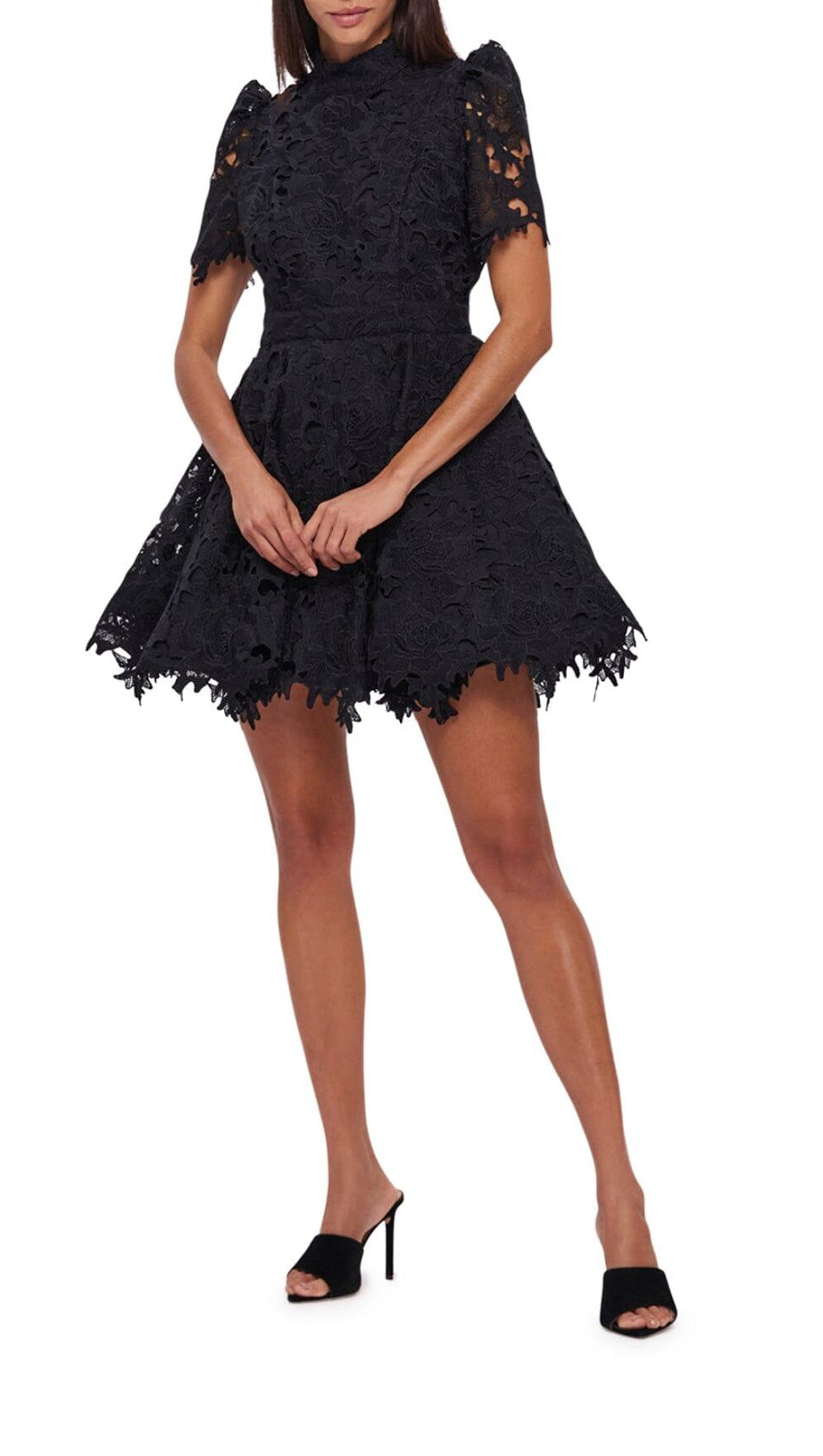 BLACK LACE SHORT SLEEVE MINI DRESS